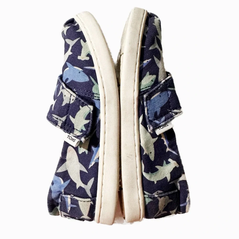TOMS Alpargata Navy Grey Kids Shark Pattern Casual Slip On Canvas Shoes